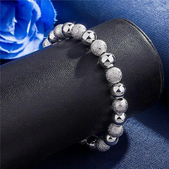 925 Sterling Silver 8 MM Textured Bead Bracelet - Picture 3 of 9